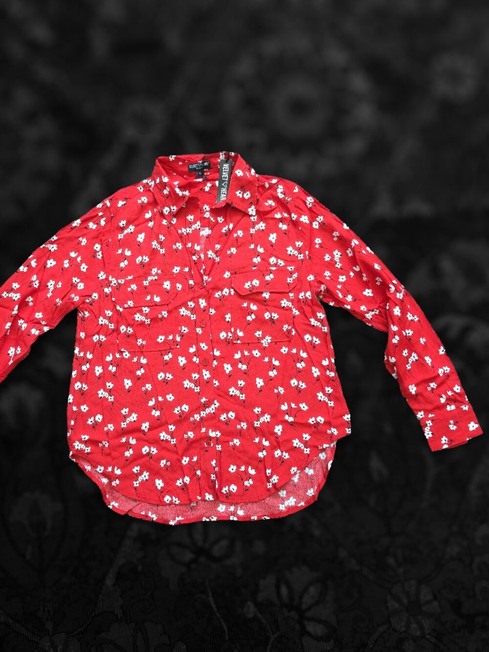 Velvet Heart Tomato Red and White Long Sleeve High-Low Floral Blouse NWT Size XS